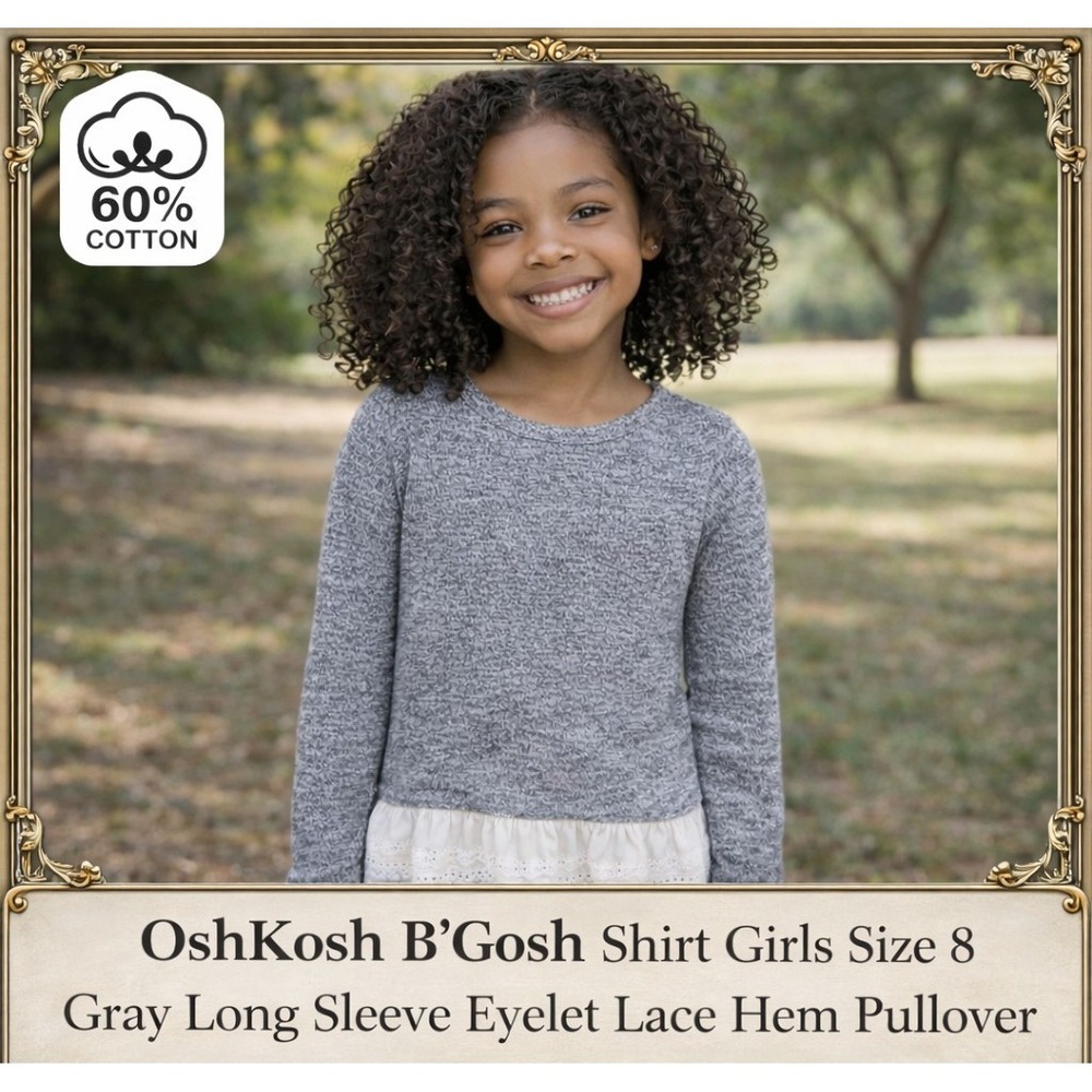 OshKosh B'gosh Shirt Girls 8 Gray Long Sleeve Eyelet Lace Hem Pullover Top
